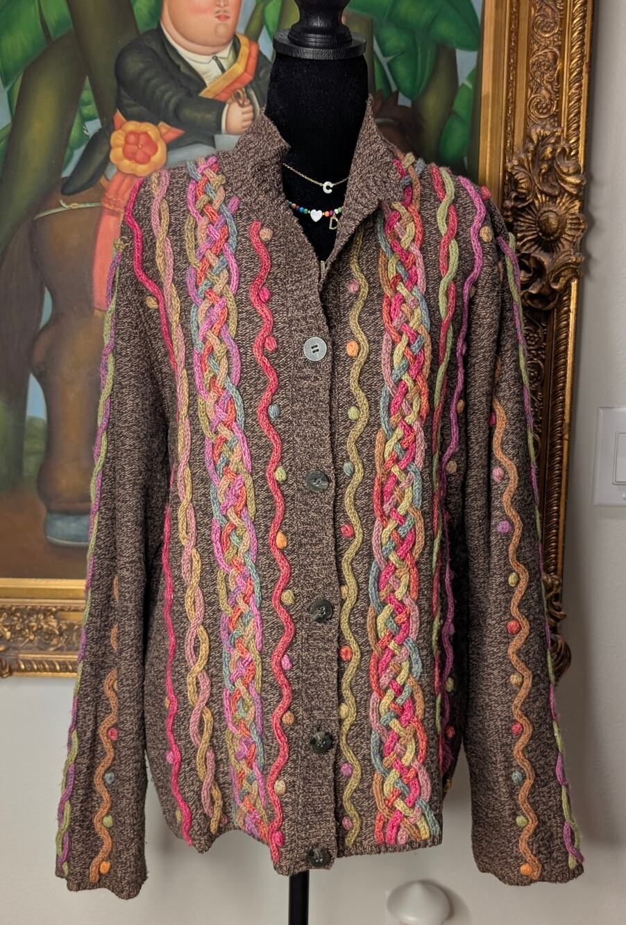 Talbots Colorful Chunky Lambswool Blend Cable Knit Cardigan XL Cozy Grandmacore